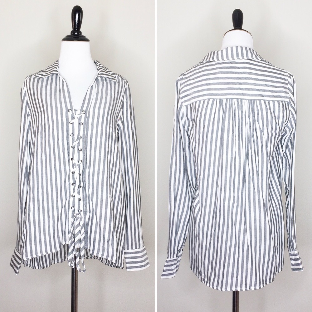 LAST ONE! White & Grey Striped Lace Up Top - Picture 3 of 3